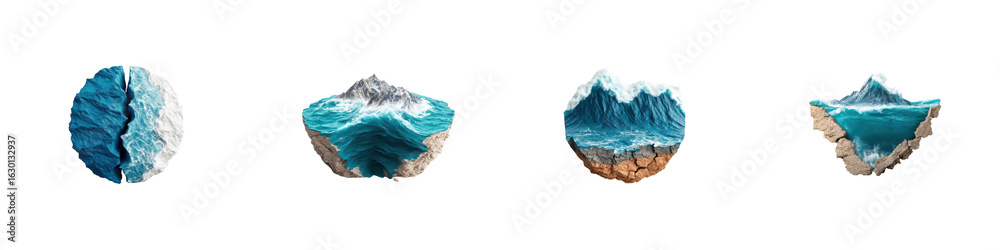 Obraz premium A series of artistic representations of ocean waves and rocky formations, showcasing intricate details and vibrant colors.