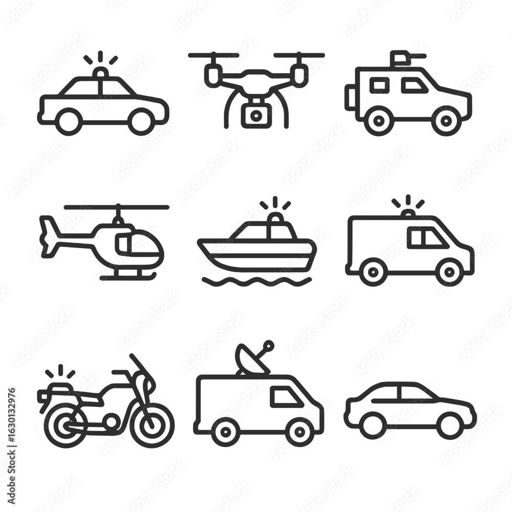 Naklejka premium Surveillance Vehicles Icons. Outline icon set of surveillance vehicles: patrol car, drone, armored vehicle, helicopter, boat,