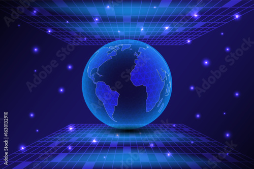 3D glowing digital globe floating in a virtual space with grid patterns and light effects, representing global technology and connectivity
