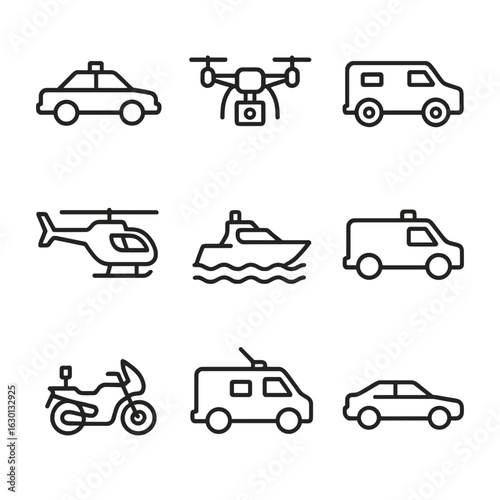 Surveillance Vehicles Icons. Outline icon set of surveillance vehicles: patrol car, drone, armored vehicle, helicopter, boat,