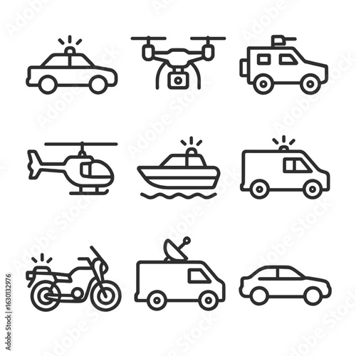 Surveillance Vehicles Icons. Outline icon set of surveillance vehicles: patrol car, drone, armored vehicle, helicopter, boat,