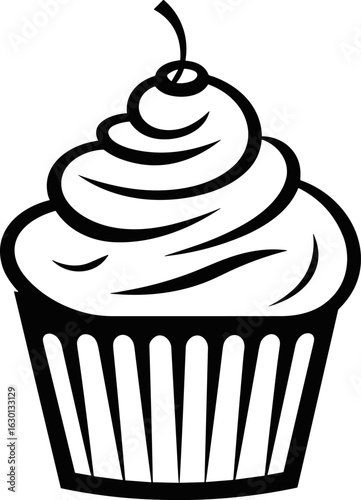 Elegant Black and White Cupcake Outline Vector Illustration with Cherry Topping - Perfect for Bakery Logos, Sweet Treat Designs, and Dessert Menus