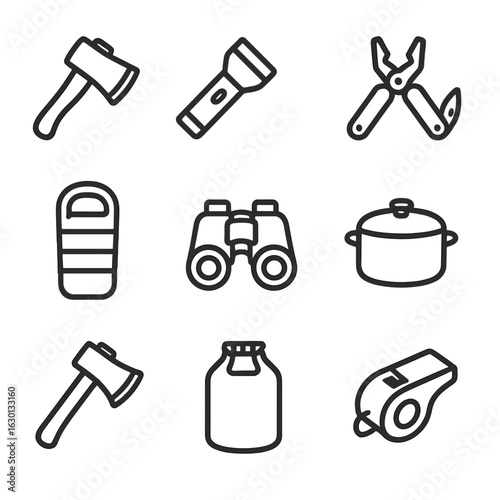Survival Gear Icons. Outline icon set of survival gear: axe, flashlight, multitool, sleeping bag, binoculars, cooking pot, hatchet