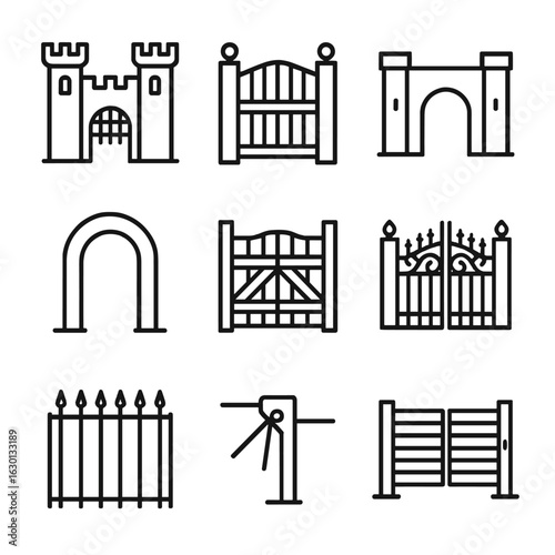 Gate Icons Collection. Outline icon set of gates and entrances: castle gate, garden gate, city gate, archway, wooden gate, iron