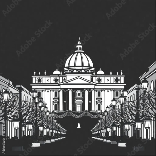 Vatican City with festive decorations in Vatican City at midnight with glowing lanterns