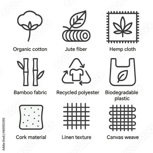 Sustainable Material Icons. Outline icon set of sustainable materials: organic cotton, jute fiber, hemp cloth, bamboo fabric,