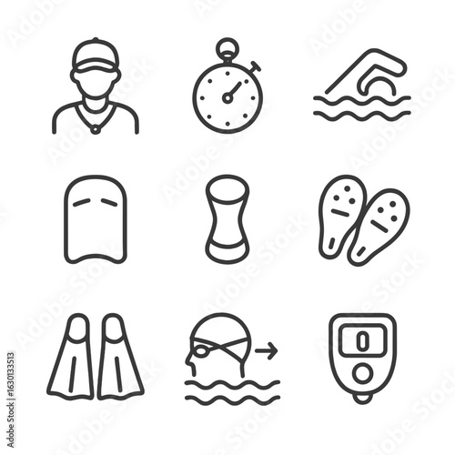 Swim Training Icons. Outline icon set of swim training: swim coach, stopwatch, swimming drills, kickboard, pull buoy, swim paddles