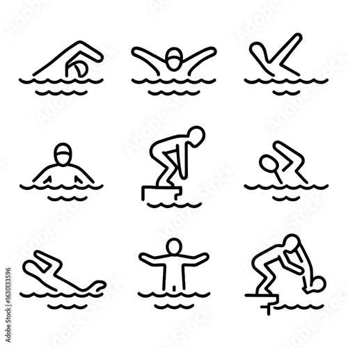Swimming Techniques Icons. Outline icon set of swimming techniques: freestyle stroke, butterfly stroke, backstroke, breaststroke,