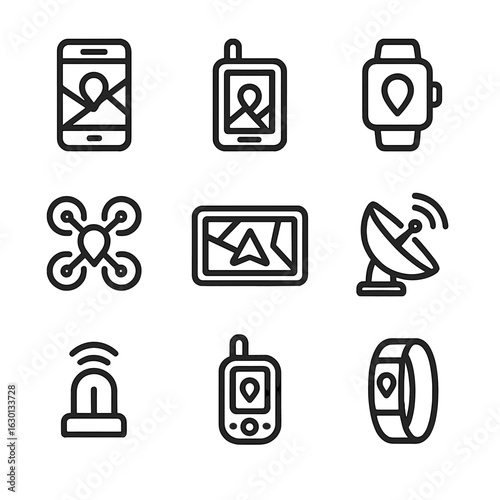 Geolocation Icon Set. Outline icon set of geolocation devices: smartphone, GPS device, smartwatch, drone, car navigation,