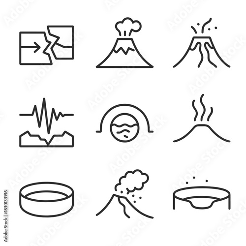 Geological Icon Set. Outline icon set of geological phenomena: tectonic plates, volcanic cone, magma flow, earthquake tremor,