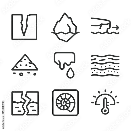 Geological Change Icons. Outline icon set of glacier and geological slow change: glacier crevasse outline, iceberg silhouette, ice
