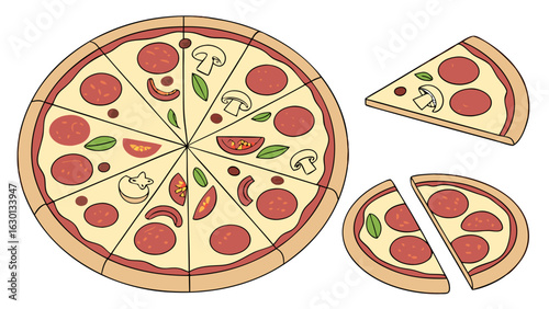 Cartoon Pepperoni Pizza with Mushrooms Tomatoes and Basil Illustration.