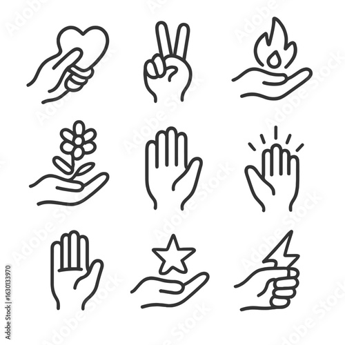Symbolic Hand Icons. Outline icon set of symbolic touch: heart touch, peace sign, hand with flame, hand with flower, open hand,