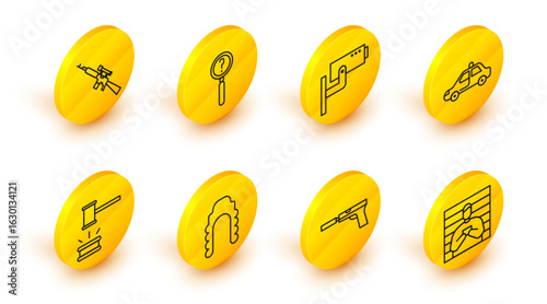 Set line Suspect criminal, Pistol or gun with silencer, Judge wig, gavel, Police car and flasher, Security camera, Magnifying glass search and Sniper rifle scope icon. Vector