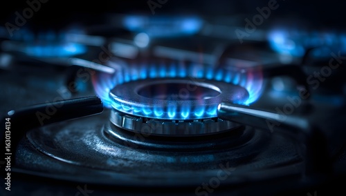 A gas stove burner with a bright blue flame, glowing against a dark background 