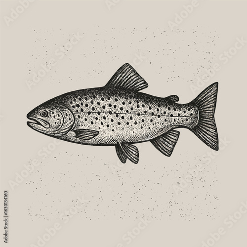 Hand drawn brown trout illustration. Vintage fish drawing with grunge texture