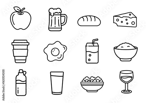 Food and beverage icons including fruits, drinks, and snacks  