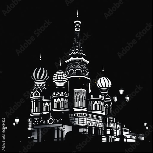 St Basil's Cathedral with glowing lanterns in Moscow at midnight with glowing lanterns