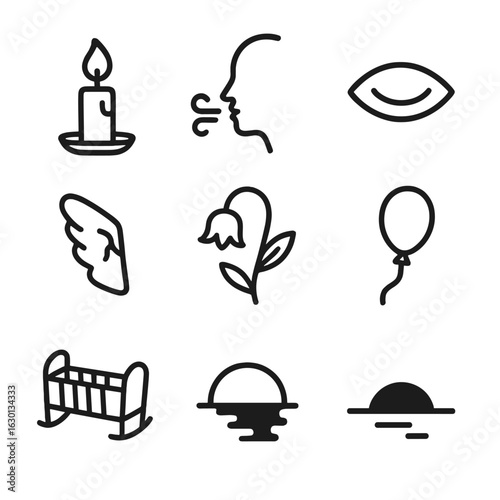 Symbols of Life's End. Outline icon set of life’s end: candle flame, last breath, closing eye, fading shadow, broken wing, wilted
