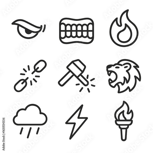 Symbols of Wrath. Outline icon set of symbolic wrath: angry eye, clenched teeth, fireball, shattered chain, hammer strike, roaring