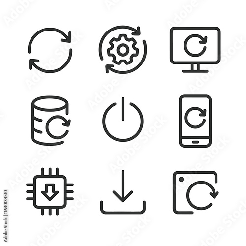 System Restart Icons. Outline icon set of system restart: refresh icon, reset settings, reinstall icon, backup restore, reboot
