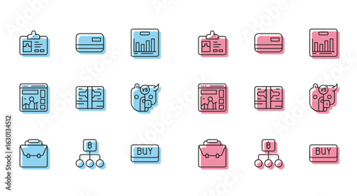 Set line Briefcase, Blockchain technology Bitcoin, Identification badge, Buy button, Stacks paper money cash, Bull and bear of stock market, Website with growth graph and Credit card icon. Vector