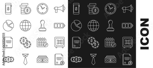 Set line Finance document, Safe, Battery charge level indicator, Clock, Earth globe, Pie chart infographic, Smartphone with dollar symbol and Stamp icon. Vector
