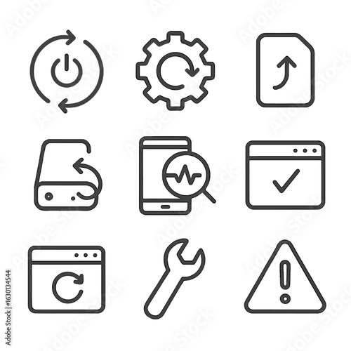 System Recovery Icons. Outline icon set of system recovery: hard reset icon, gear with arrow, data restore, backup drive,