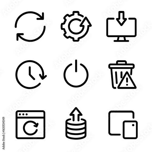 System Restart Icons. Outline icon set of system restart: refresh icon, reset settings, reinstall icon, backup restore, reboot