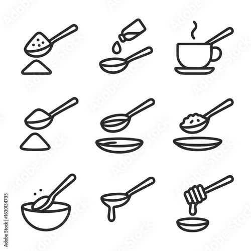 Table Spoon Icon Set. Outline icon set of tablespoon uses: scooping sugar, pouring oil, stirring coffee, measuring flour, holding