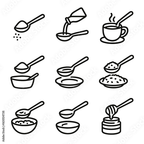 Table Spoon Icon Set. Outline icon set of tablespoon uses: scooping sugar, pouring oil, stirring coffee, measuring flour, holding