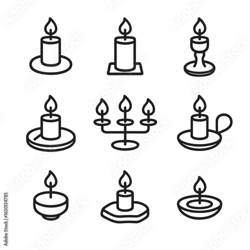 Tabletop Candleholder Icons. Outline icon set of tabletop candleholders: round base holder, square pillar holder, wooden stand,