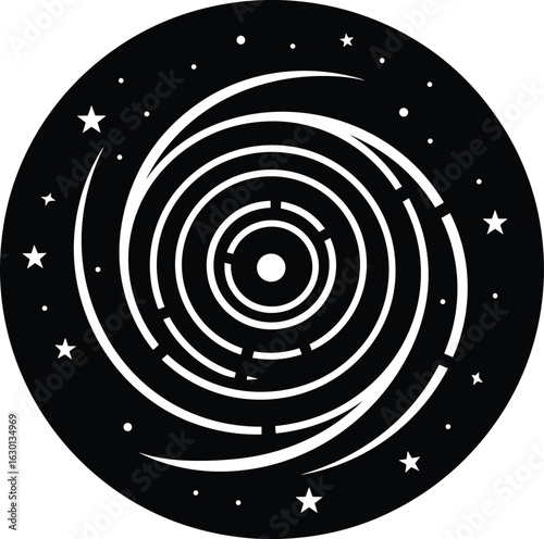 Abstract Galactic Maze Icon: A Striking Black and White Design Representing the Universe's Intricate Paths and Celestial Wonders
