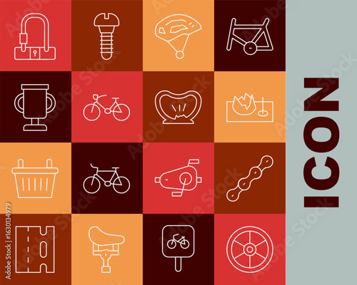 Set line Bicycle wheel, chain, on street ramp, helmet, Award cup with bicycle, lock and punctured tire icon. Vector