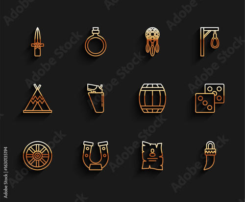 Set line Old wooden wheel, Horseshoe, Dagger, Wanted western poster, Tooth, Revolver gun in holster, Game dice and Gun powder barrel icon. Vector