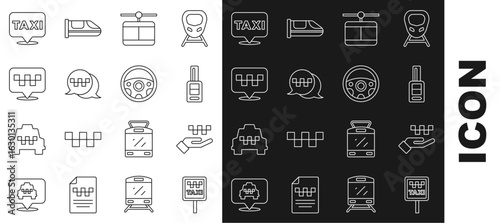 Set line Road sign for a taxi stand, Hand with, Car key remote, Cable car, Taxi call telephone service, Location, and Steering wheel icon. Vector