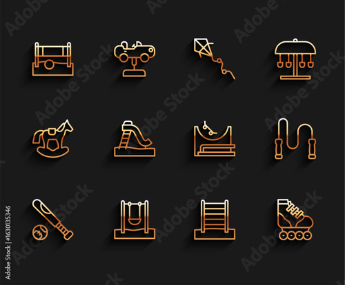 Set line Baseball bat with ball, Swing, Volleyball net, Swedish wall, Roller skate, Kid slide, Jump rope and Skate park icon. Vector