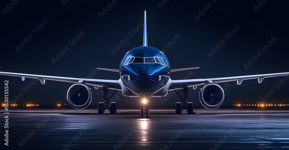 Fototapeta premium Front view of a commercial airplane parked on a runway at night