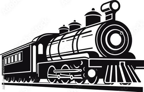 Classic Steam Locomotive Icon: Vintage Railway Engine Silhouette for Travel, History, and Industrial Design Projects. Timeless Transport Vector Art.
