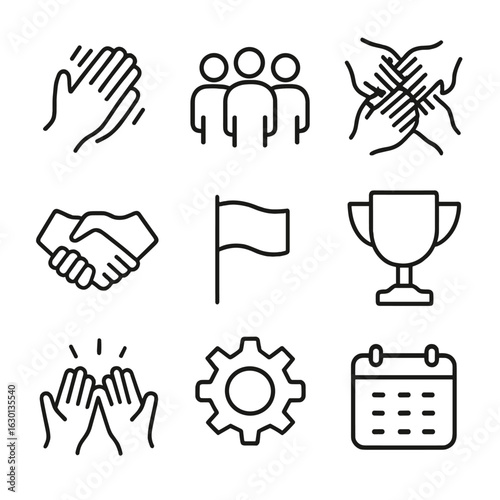 Teamwork Icon Set. Outline icon set of clapping and teamwork: group of people, hands joined, handshake, flag, trophy, high five,