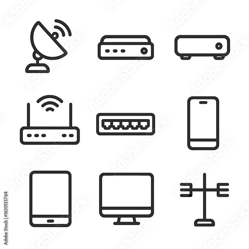 Tech Device Icons. Outline icon set of downlink devices: satellite receiver, modem, set-top box, Wi-Fi router, network switch,