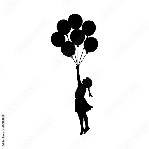 Person holding flying balloon silhouette vector flat illustration on white background.