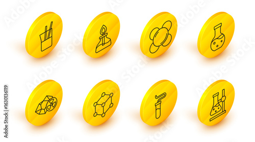 Set line Test tube flask on stand, Molecule, Radioactive, Alcohol or spirit burner and Laboratory glassware icon. Vector
