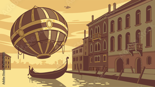Steampunk Airship over Venetian Canal Scene.