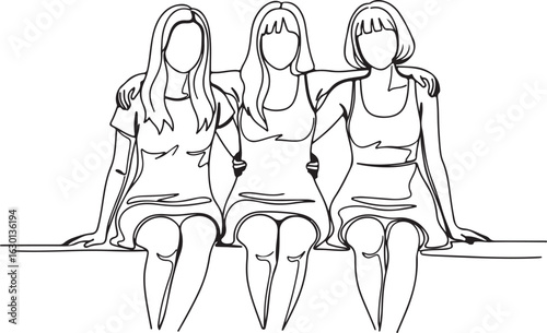 Minimalist line drawing of three women sitting together showcasing friendship and connection with simple elegant strokes and a clean aesthetic