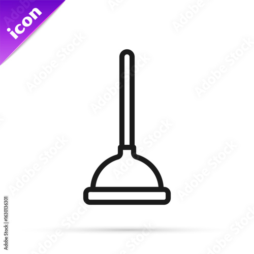 Black line Rubber plunger with wooden handle for pipe cleaning icon isolated on white background. Toilet plunger. Vector