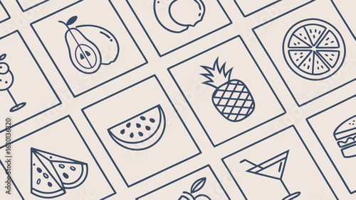 Collection of Outline Fruit and Beverage Icons.