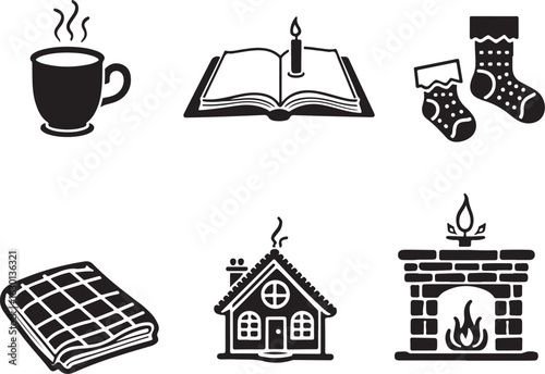 Cozy winter icons: fireplace, hot drink, book, socks, blanket, house