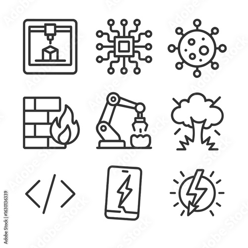 Technology Icons Grid. Outline icon set of technology creation and destruction: 3D printer, circuit board, virus, firewall,