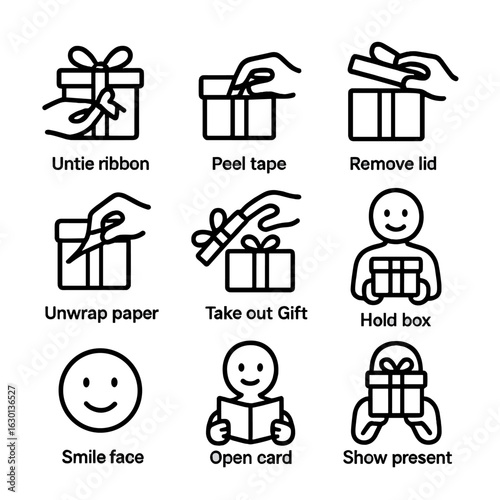 Gift Icon Set. Outline icon set of gift unwrapping: untie ribbon, peel tape, remove lid, unwrap paper, take out gift, hold box,
